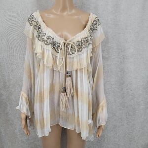 Boston Proper Chiffon Elegant Cream and Tan Peasant Top with Beading Tassels